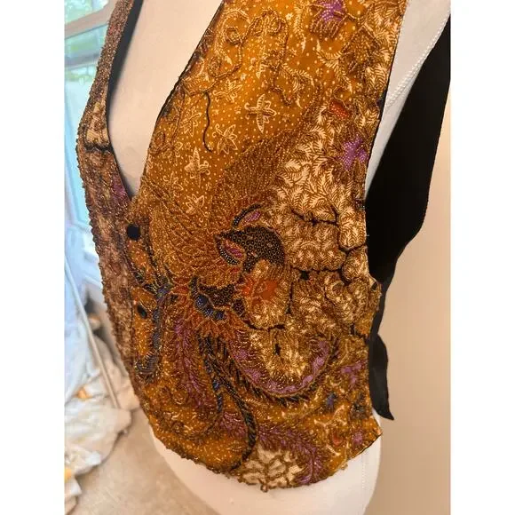 Vintage Batik Beaded Vest | Brown & Multicolor | Handmade Detailing | Size S - Picture 3 of 8